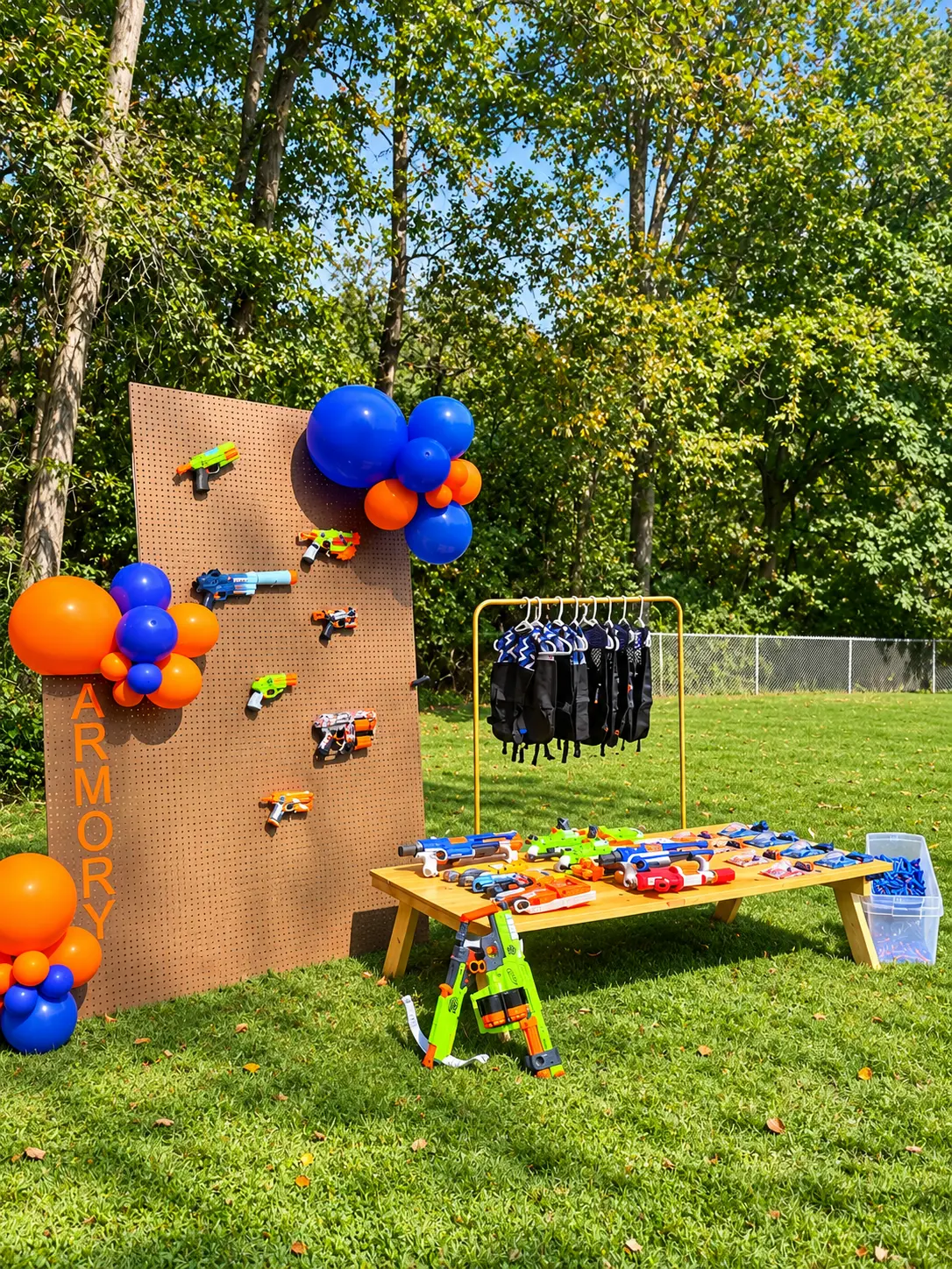 The Nerf Armory — blasters on a pegboard wall, team vests and balloons