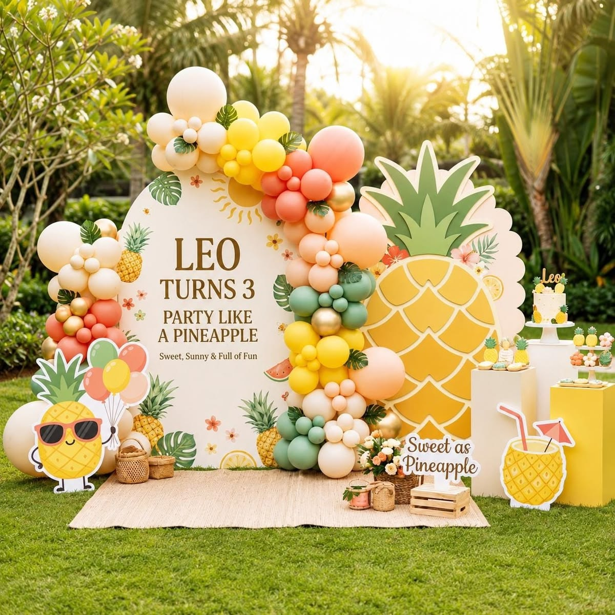 Pineapple party backdrop with yellow, green and peach balloon garland and tropical cutouts